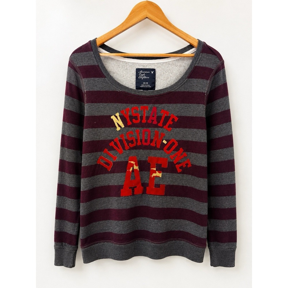American Eagle Outfitters Off Shoulder Sweatshirt Women's L Gray Burgundy Stripe